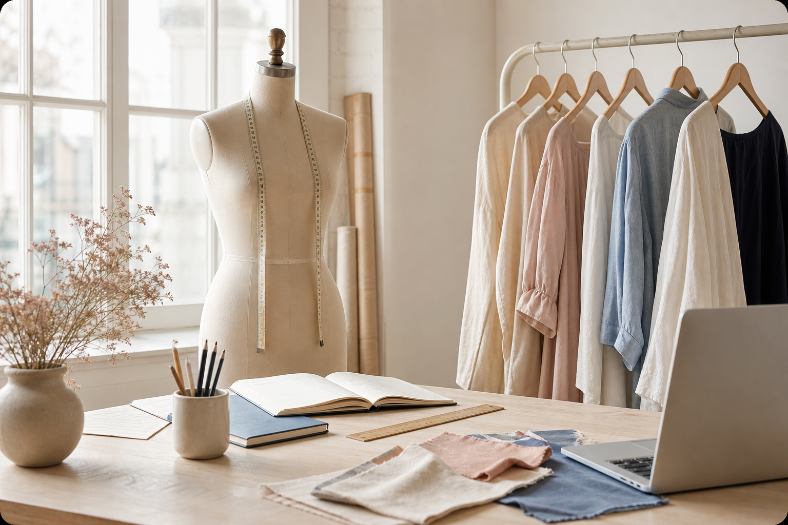 A calm fashion atelier with a dress form, measuring tape, garments, sketchbooks, and fabric swatches