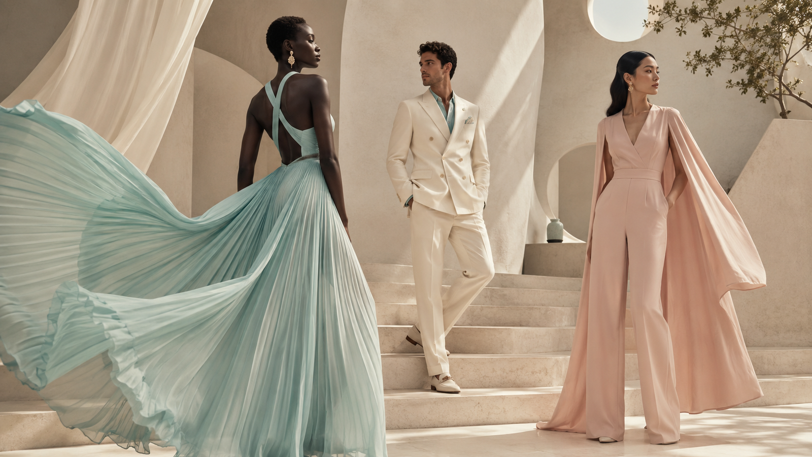 Three models in pastel couture looks