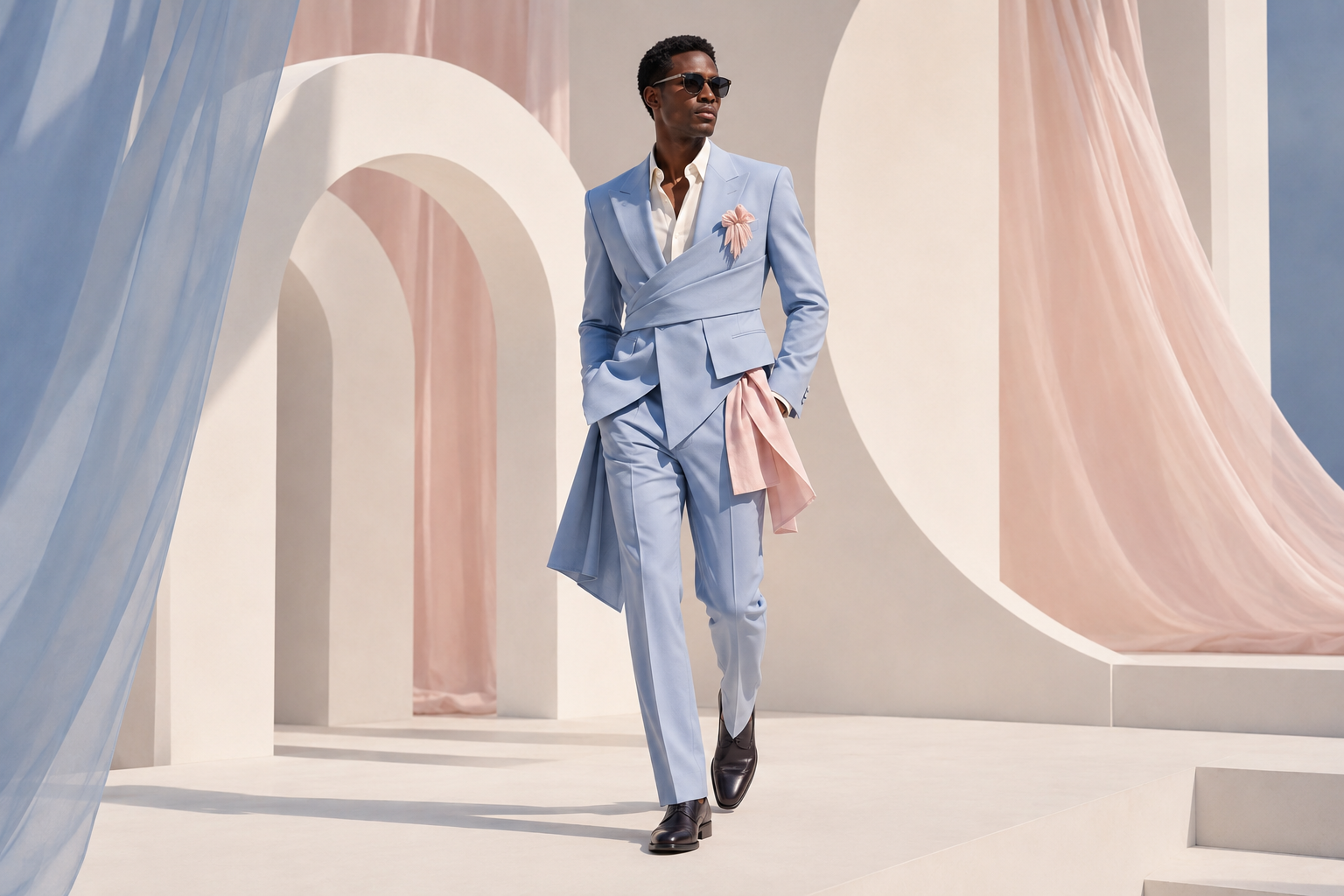 Model in a powder blue tailored suit with blush draping